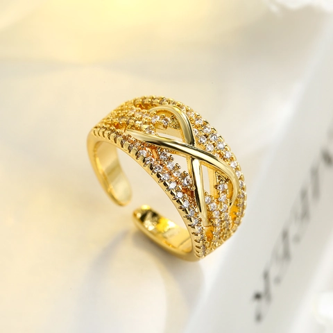Anelli Aperti Regolabili Geometrici Da Donna In Rame Placcato Oro Con Zirconi Intarsiati Gioielli Eleganti