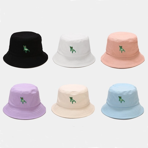 Chapeau Bob Coton Broderie Grenouille Style Japonais Protection Solaire Été Extérieur Streetwear Femmes Hommes