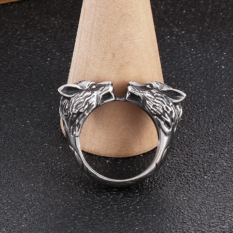 Anello Doppia Testa Di Lupo Acciaio Inossidabile Viking Punk Retro Argento Antico Uomo Gioielli Gotici