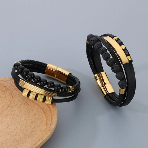 Bracciale Multistrato In Pelle Intrecciata Da Uomo Acciaio Inossidabile Chiusura Magnetica Pietra Lavica Retro Punk