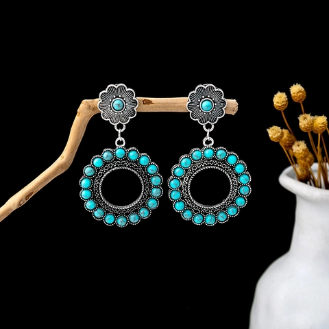 Pendientes Colgantes Bohemios Vintage Mujeres Con Turquesa Sintética Y Poste De Plata De Ley 925 Estilo Étnico Retro