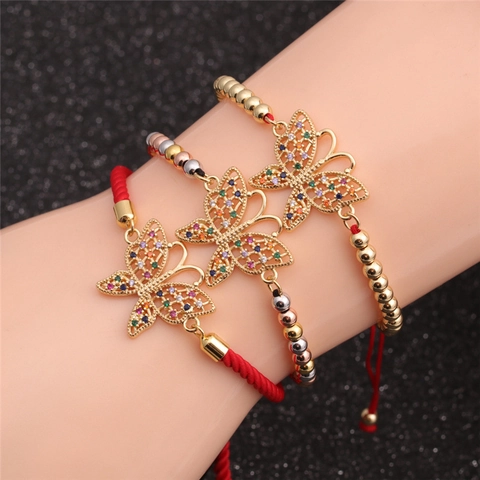 Butterfly Bracelet Copper Jewelry With Colorful Zircon Adjustable Braided Red Rope For Women Bohemian Style