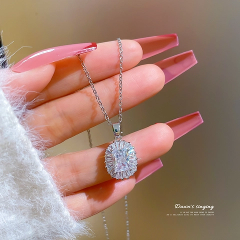 Emerald Cut Zircon Pendant Necklace Titanium Steel Chain Geometric Radiant Halo For Women Elegant Jewelry Gift