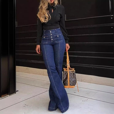 Dames High Waist Flare Jeans Multi Button Stretch Denim Broek Retro Slim Fit Gewassen Broek Met Zakken Voor
