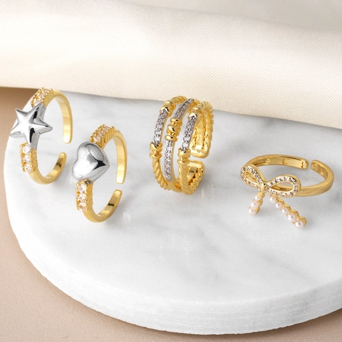 Bague Ouverte Ajustable À La Mode Cuivre Plaqué Or Cœur Étoile Nœud Papillon Zircone Bijoux Élégants Pour Femmes