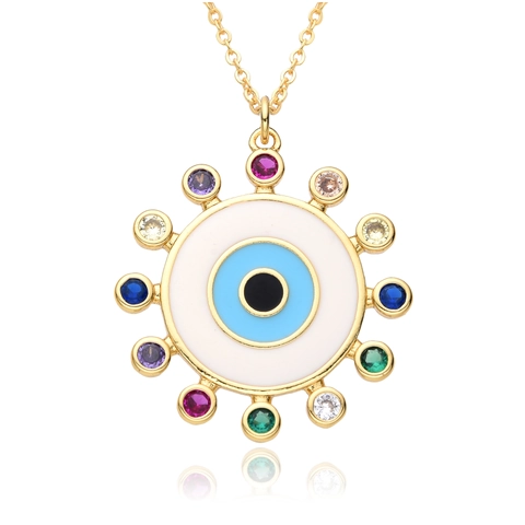 Bohemian Evil Eye Pendant Necklace For Women Copper Gold Plated Enamel Rhinestone Solar Round Charm Fashion Jewelry Gift