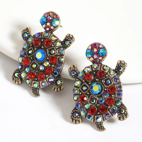 Vintage Alloy Colorful Rhinestone Sea Turtle Stud Earrings For Women Retro Animal Shape Multi Color Jewelry Gift