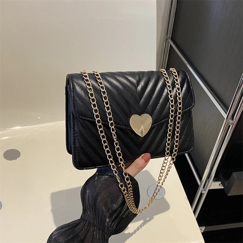 Women Crossbody Bag PU Leather V-Quilted Chevron Heart Lock Buckle Golden Chain Strap Casual Commute Trendy