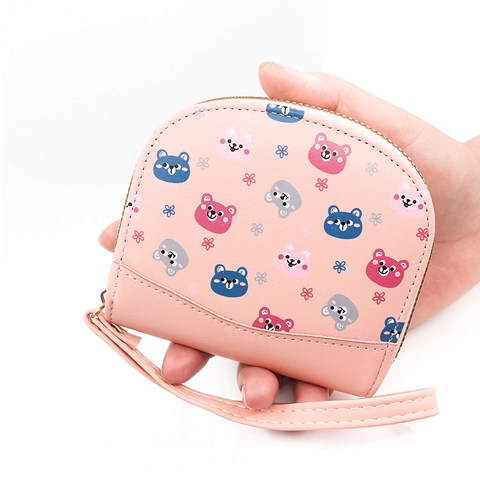 Damen Mini Geldbörse Aus PU Leder Mit Cartoon Bär Aufdruck Münzfach Handschlaufe Reißverschluss Kleiner Kartenhalter