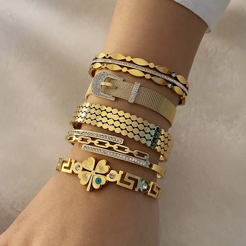 Retro Bangle Bracelet Gold Plated Stainless Steel Evil Eye Four Leaf Clover Greek Key Zircon Fashion For Women