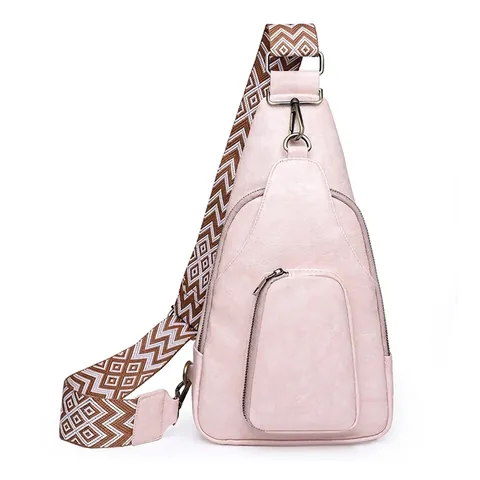 Vintage PU Leather Women Chest Bag Crossbody Sling Bag With Wide Woven Geometric Strap Leopard Cow Print Large Capacity