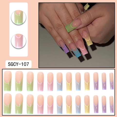Extra Long Square Press On Nails French Style Rainbow Gradient Candy Color Jelly Texture Fake Nails