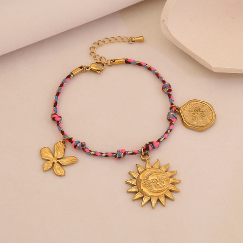 Handmade Braided Rope Bracelet Stainless Steel Sun Moon Star Charm Pendants Adjustable Boho Jewelry Women