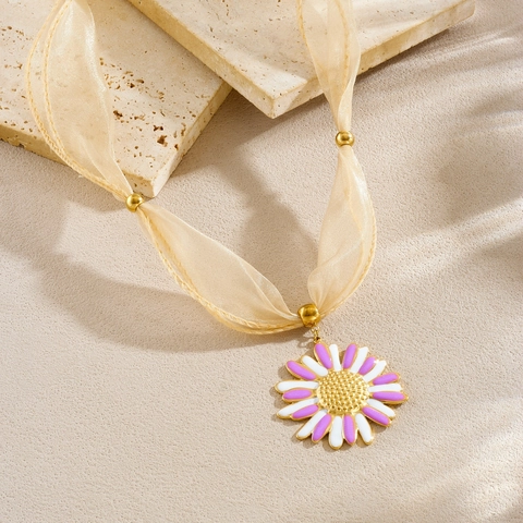 Bloem Ginkgo Zon Gezicht Hanger Ketting Roestvrij Staal Satijnn Lint Stof Koord Boho Chic Sieraden