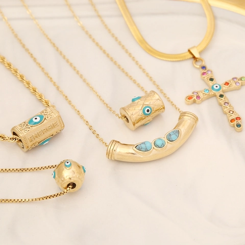 Evil Eye Edelstahl Halskette Vergoldet Kreuz Energie Vertrauen Anhänger Blauer Stein Tropföl Schmuck Für Damen
