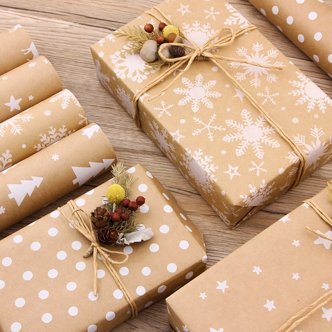 Christmas Kraft Gift Wrapping Paper Rolls With White Snowflake Reindeer Tree Patterns For Holiday Presents Decor