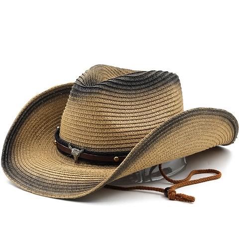 Gradient Cowboy Straw Hat Wide Brim Paper Woven Summer Sun Protection With Metal Bull Head And Adjustable Windproof Rope