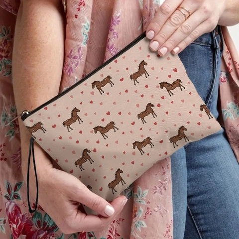 Borsa Per Cosmetici In Lino Fine Con Motivo A Cavallo Stampa A Cuore Pochette Da Toilette Multifunzionale Con Cerniera