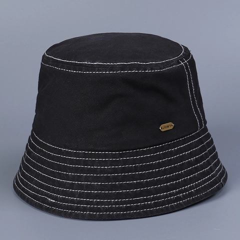 Washed Cotton Bucket Hat With Contrast Stitching And Metal Logo Casual Sun Protection Fisherman Cap Men Women Minimalist