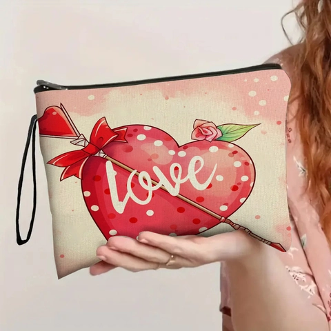 Make Up Tas Met Hartprint Linnen Cosmetische Tas Met Rits En Polsband Draagbare Reis Organizer Liefde Thema
