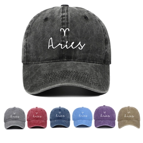 Aries Sternzeichen Stickerei Baseballkappe Gewaschene Baumwolle Vintage Verstellbar Outdoor Sport Retro Hut