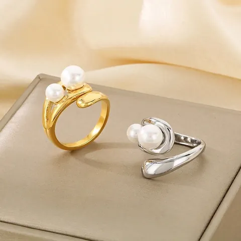 Anillo De Doble Aro Minimalista Francés Acero Inoxidable Con Perla Artificial De Concha Diseño Abierto Ajustable Joyas Elegantes Mujeres