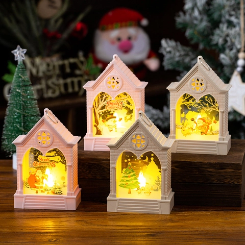 Christmas House LED Lantern Night Light Ornament Plastic Glass European Style Santa Reindeer Snowman Desktop Hanging
