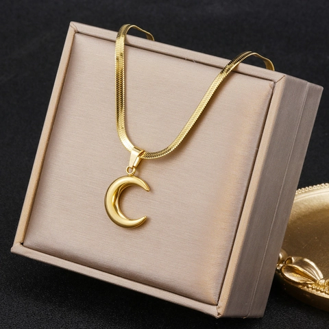 Collar Con Colgante De Media Luna Acero Inoxidable Chapado En Oro 18K Cadena De Serpiente Plana Joyería Minimalista Mujer