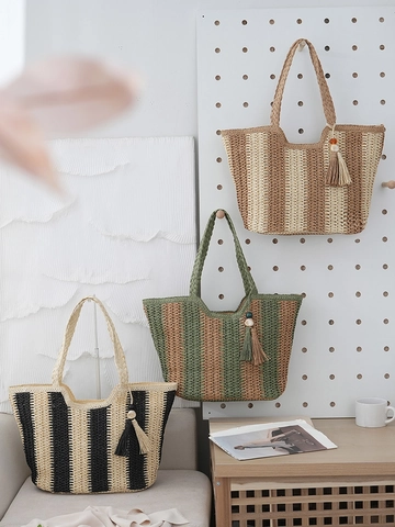 Damen Stroh Gewebte Tragetasche Vertikale Streifen Papierschnur Große Kapazität Sommer Strand Schulter Handtasche Mit Quaste
