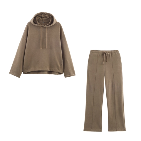 Women Knitted Hoodie And Wide Leg Pants Two Piece Outfits Casual Solid Color Loungewear Long Sleeve Streetwear Cotton Blend
