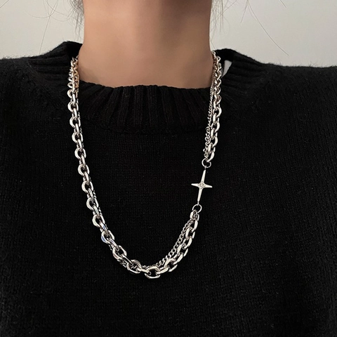 Stainless Steel Double Layer Necklace Cross Pendant Tag Hip Hop Punk Long Chain Jewelry For Men Women