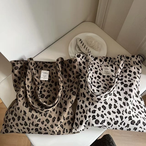 Borsa Tote In Velluto A Coste Con Stampa Leopardata Grande Capacità Motivo Animale Borsa A Spalla Da Donna Casual