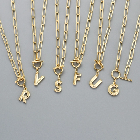 Alphabet Initial Pendant Necklace Gold Plated Copper Paperclip Chain With Toggle Clasp Fashion Jewelry For Women