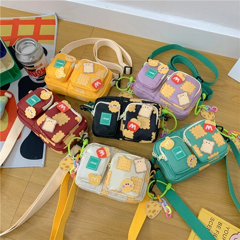 Kids Crossbody Bag Nylon Lightweight Cartoon Cookie Print Adjustable Strap Cute Shoulder Purse For Toddlers Boys Girls