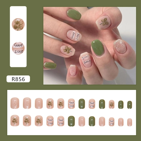 Press On Nails Short Square ABS Plastic Fresh Green Nude Clover Good Luck Pattern Sweet Minimalist Style For Women