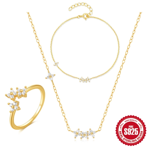 925 Sterling Silber Blütenblatt Zirkonia Halskette Armband Und Verstellbarer Ring Vergoldet Elegant Damen Schmuck
