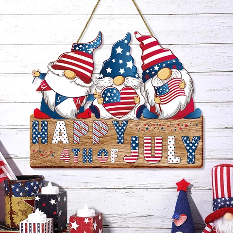 Gnome Wood Hanging Sign US Independence Day Patriotic Wall Decor Happy 4th Of July Stars And Stripes Plaque