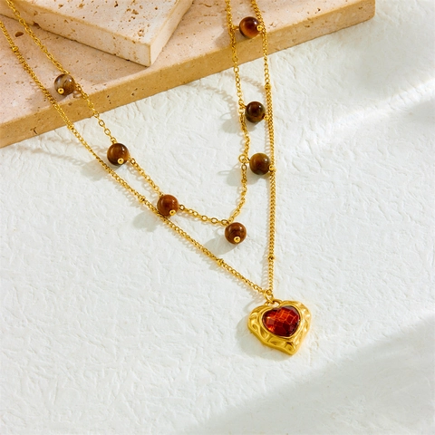 Double Layer Necklace Stainless Steel Brown Tiger Eye Stone Beads Red Heart Gemstone Pendant Retro Trendy Fashion Jewelry