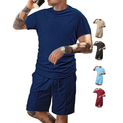 Men Summer Waffle Knit T-Shirt And Shorts Casual Athletic Outfit Breathable Loose Fit Crew Neck Comfortable
