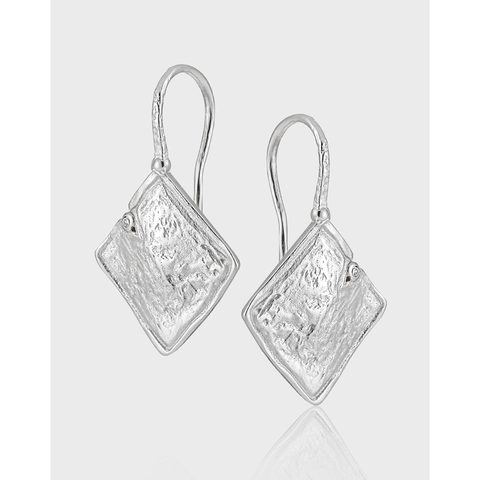 925 Sterling Silver Square Drop Earrings For Women Minimalist Lava Texture Hammered Geometric Rhinestone Inlaid Jewelry