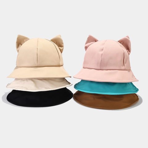 Cute Cat Ears Cotton Bucket Hat Sun Protection Short Brim Outdoor Travel Basin Hat For Women Girls Versatile Foldable