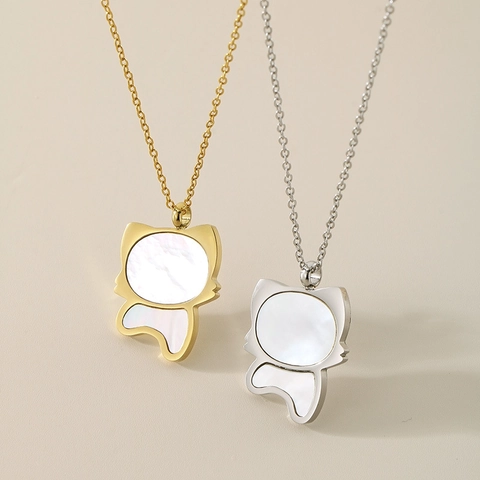 Collar Con Colgante De Silueta De Gato Acero De Titanio Con Incrustación De Nácar Blanco Joyería Dulce Para Mujeres