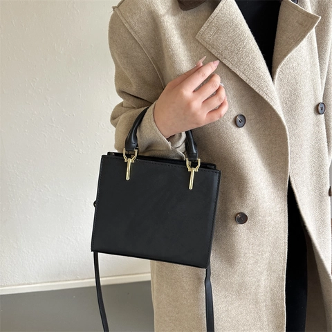 Women Minimalist PU Leather Square Handbag With Gold Hardware Detachable Strap Crossbody Shoulder Bag For Office Daily
