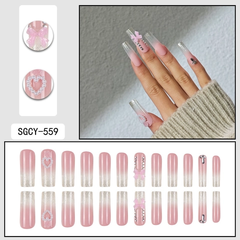 Long Coffin Press On Nails Pink Glitter Ombre Plastic With Resin Bow Artificial Pearl Heart And Rhinestone Sweet Elegant Manicure