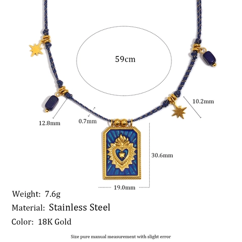 Heilig Hart Vierkante Hanger Ketting Roestvrij Staal 18K Verguld Blauw Geweven Touw Vintage Ster Charm Sieraden Voor Vrouwen