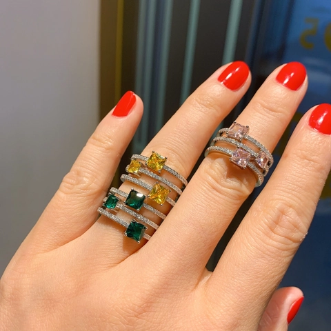 Luxury Square Cubic Zirconia Ring Vintage Copper Gold Plated Multi Layer Band Micro Pave Jewelry For Women