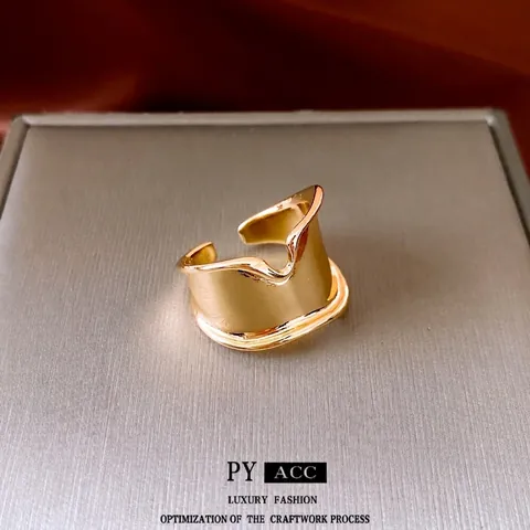 Irregular Wave Open Ring Alloy Wide Band Adjustable Geometric Minimalist Fashion Jewelry For Women Mirror Polish Gold