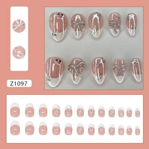 Unghie Press-On French Tip Con Fiocco Argentato 3D Strass Linee Metalliche Eleganti Unghie Artificiali In ABS Per Donne