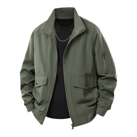 Mens Bomber Jacket Flight Tactical Cargo Outerwear Stand Collar Multi Pocket Windproof Breathable Nylon Workwear Coat