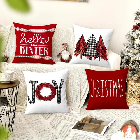 Kerst Kussenhoezen Polyester Linnen Look Vakantie Huis Decoratie Bank Kussensloop Ruit Patroon Boom JOY